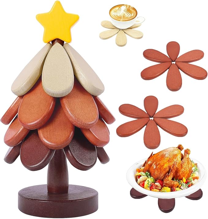 Wooden Trivets for Hot Dishes, Christmas Tree Shape Trivet Set of 4 for Hot Pot Pans, Wood Coasters for Kitchen Counter Decor, Hot Dish, Pot, Bowl, Teapot(Walnut Wood)