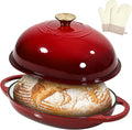Davivy 6QT Oval Cast Iron Sourdough Dutch Oven with Silicone Oven Mitts, Bread Dutch Oven for Sourdough Bread Baking 6QT, Cast Iron Bread Cloche Loaf Pan with Domed Lid - Ruby Red