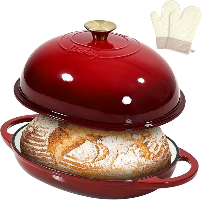 Davivy 6QT Oval Cast Iron Sourdough Dutch Oven with Silicone Oven Mitts, Bread Dutch Oven for Sourdough Bread Baking 6QT, Cast Iron Bread Cloche Loaf Pan with Domed Lid - Ruby Red