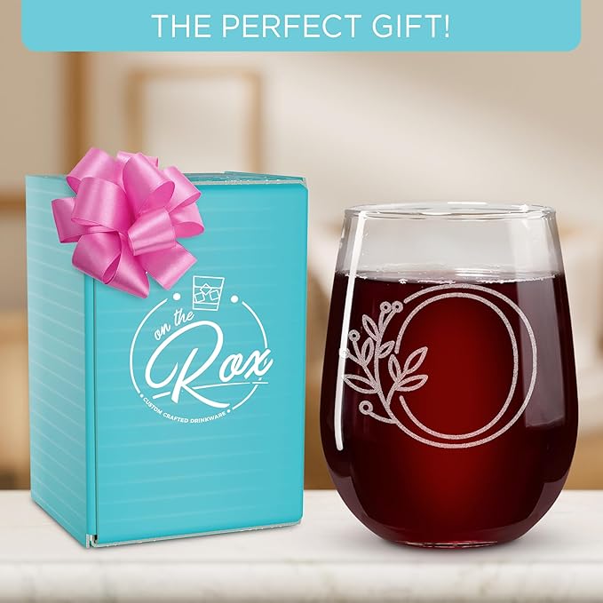 On The Rox Drinks Monogrammed Gifts For Women and Men - Letter A-Z Initial Engraved Monogram Stemless Wine Glass - 17 Oz Personalized Wine Gifts For Women and Men (O)