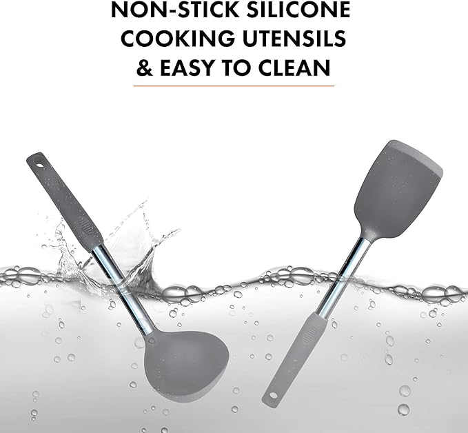 Home & Kitchen Essentials Cooking Utensils Set - Non Stick Silicone Kitchen Utensils Set - Stainless Steel Handles, Heat Resistant, BPA Free, and Dishwasher Safe (Gray, 19 Pieces)