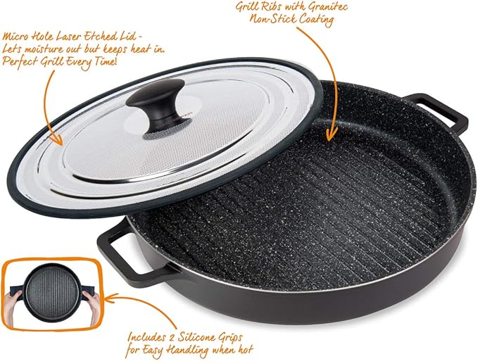 MasterPan Non-Stick Stovetop Oven Grill Pan with Heat-in Steam-Out Lid, nonstick cookware, 12", Black,