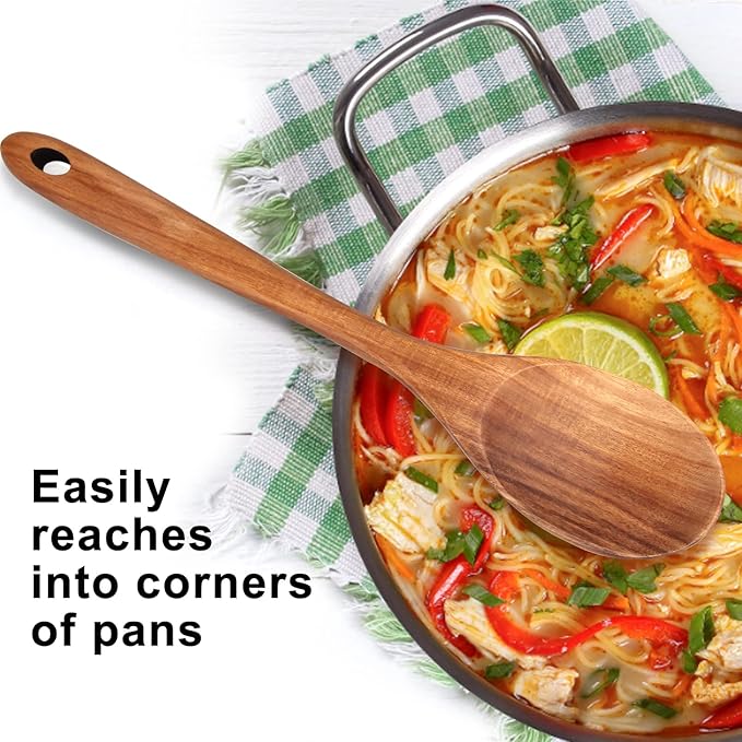 4-Piece 14" Large Acacia Wood Utensils Set for Cooking Spatula Wooden Kitchen Utensil Non Toxic Spoon Slotted Turner Best Long Spatula for Kitchen Use Tools Cooking Utensils Mixing Serving Spoons