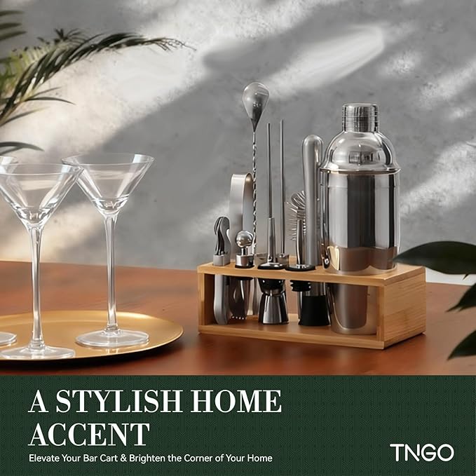 TNGO Cocktail Shaker Set Bartender Kit - Mixology Bar Kit with Natural Stand - Premium Home Bar Tool Set All Bar Accessories Includes Drink Mixer, Muddler, Jigger, Strainer, Bar Mixer Spoon