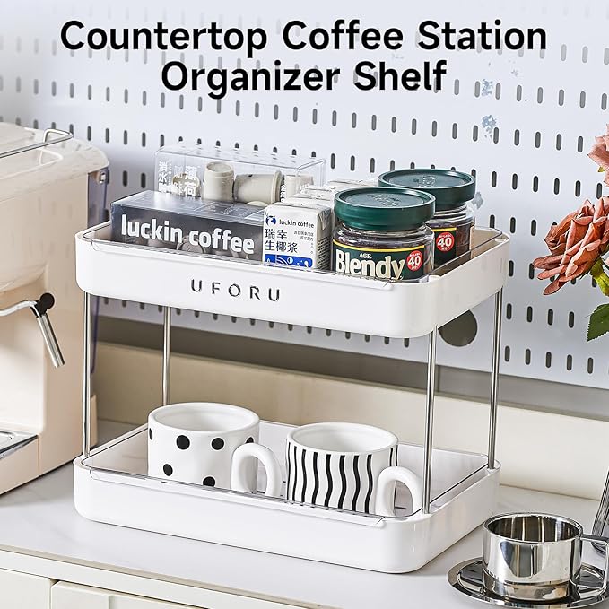Countertop Coffee Station Organizer| 2-Tier Whisky Glass Holder, Mug Drying Rack with Removable Drain Tray - Easy to Install, Clean - Matcha Station Shelf for Kitchen, Bathroom Counter Organzier