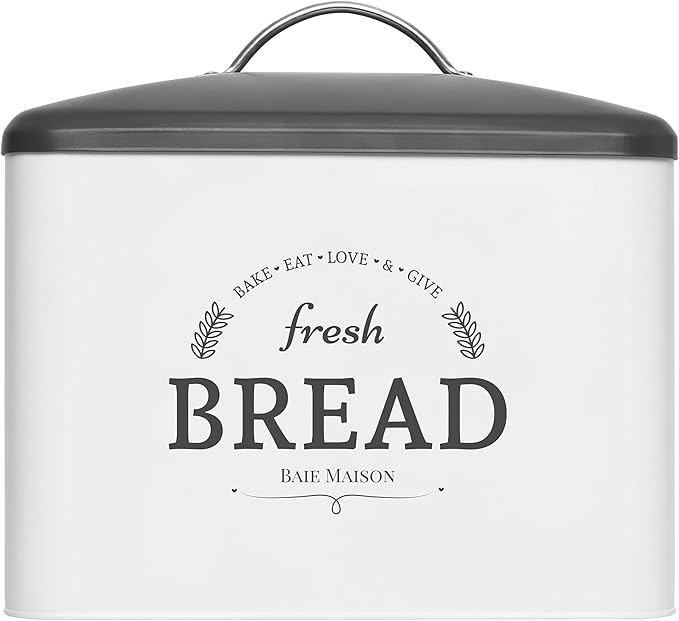 Extra Large White Farmhouse Bread Box for Kitchen Countertop - Breadbox Holder Fits 2+ Loaves - Bread Storage Container Bin - Rustic Bread Keeper Vintage Metal Kitchen Decor for Counter (Grey Lid)