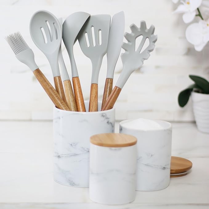 Silicone Cooking Utensils | Wooden Handle, Non-Stick Cookware Heat Resistant Kitchen Utensil Spatula, Slotted & Solid Spoon, Soup Ladle, Slotted Turner and Spaghetti Server,| Acacia Wood - Light Grey