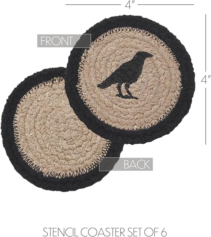 VHC Brands Raven Harvest Stencil Braided Cotton Coaster Set of 6, Decorative Fall Coasters, Table Decor for Fall Thanksgiving and Halloween