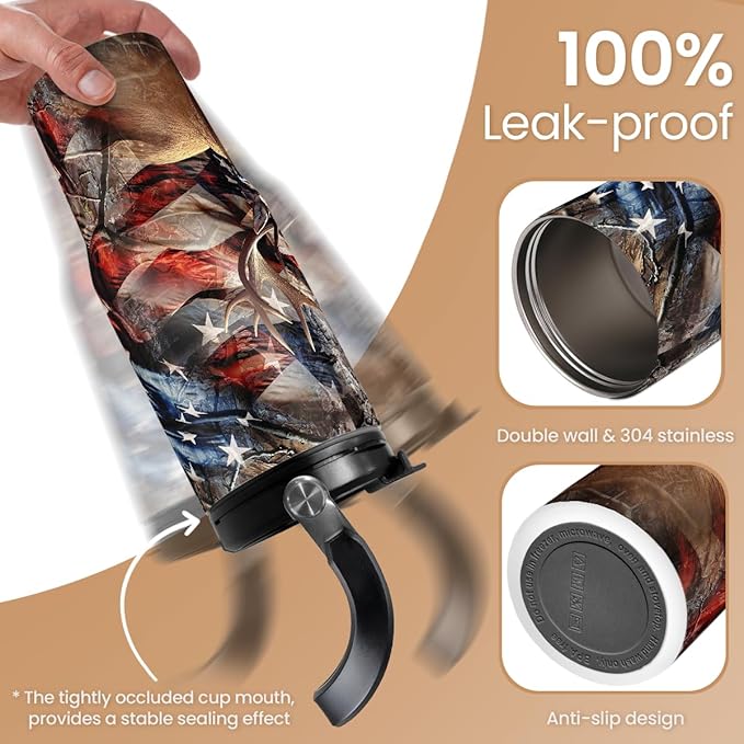 SANDJEST Hunting Gift for Men, Deer Hunting Tumbler with Handle, 30oz Flip Straw Stainless Steel Insulated Coffee Travel Cup, Gifts for Hunter Dad Grandpa for Birthday Christmas Fathers Day