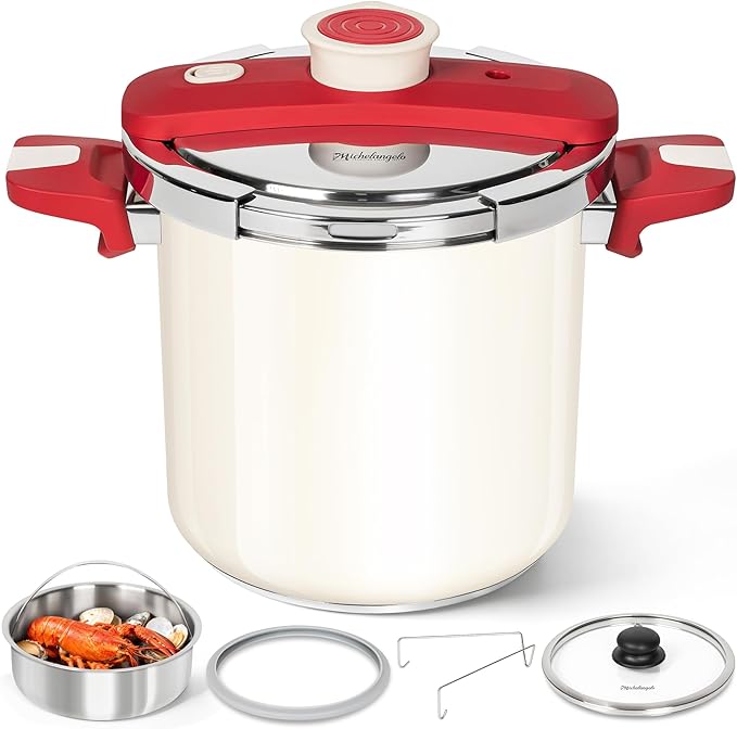 MICHELANGELO Pressure Cooker Stainless Steel 8.5 Quart, 3-in-1 Pressure Pot, One-Hand Locking System, Olla de Presion Colorful Design, Induction Compatible, with Glass Lid & Steamer