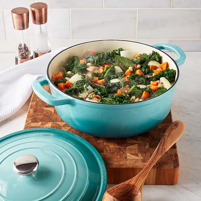 Sur La Table 7-Qt Enameled Cast Iron Dutch Oven – With Lid for Braising, Baking & Deep Frying, Induction Compatible, Oven to 500°F, Seals in Moisture for Flavorful Results, Light Blue
