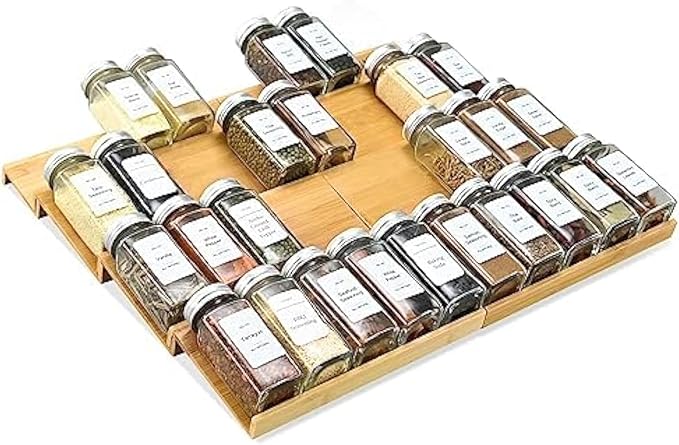 Spice Drawer Organzier,4 Tiers- 8Pcs Bamboo Spice Rack Tray Insert for Cabinet Drawer Countertop, Kitchen Seasoning Storage Drawer Organization,18" Wide x 15.8" Deep （Hold UP To 40 Jars