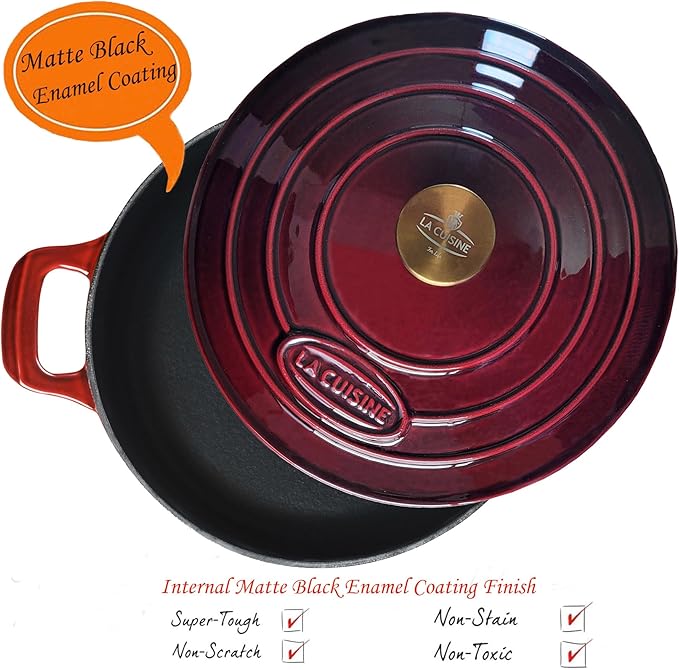 La Cuisine Cast Iron Braiser Shallow Dutch Oven Braising Saute Pan 3.75 QT 11" Dia. Internal Matte Black Enamel Coating, Oven Safe up to 500° F Cranberry