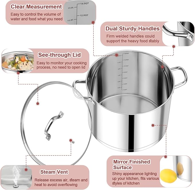 P&P CHEF 14 QT Stock Pot with Lid, Stainless Steel Large Cooking Pot, Soup Canning Stockpot for Stewing Simmering, Tri-ply Bottom for All Stoves, Heavy-Duty &Dishwasher Safe & Food-Grade