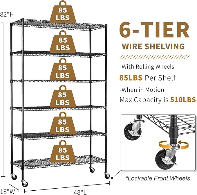 6 Tier Wire Shelving with Wheels, 2100lbs Storage Shelves Metal Shelves for Storage Rack, Adjustable Garage Shelf Heavy Duty Shelving Units Pantry Shelf Kitchen, (48"x18"x82", Black)