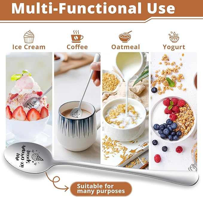 Ice Cream Spoon - Funny Engraved Stainless Steel Spoon for Ice Cream Lovers, Women, Men, Kids Birthdays