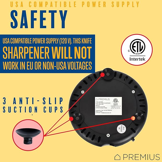 3-In-1 ELECTRIC KNIFE SHARPENER SYSTEM by PREMIUS, Great for Kitchen and Sport Knives, Scissors, Screwdrivers, 2-Stage Sharpening System Appliance, Compact Quick, Easy Design, Retractable Cord, Black