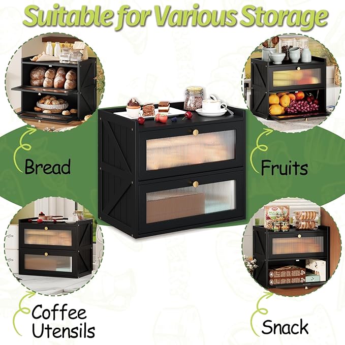 Double Layer Bread Box for Kitchen Counter Black Bread Storage Container with Acrylic Door Large Farmhouse Breadbox Organizer Bread Holder (Black)