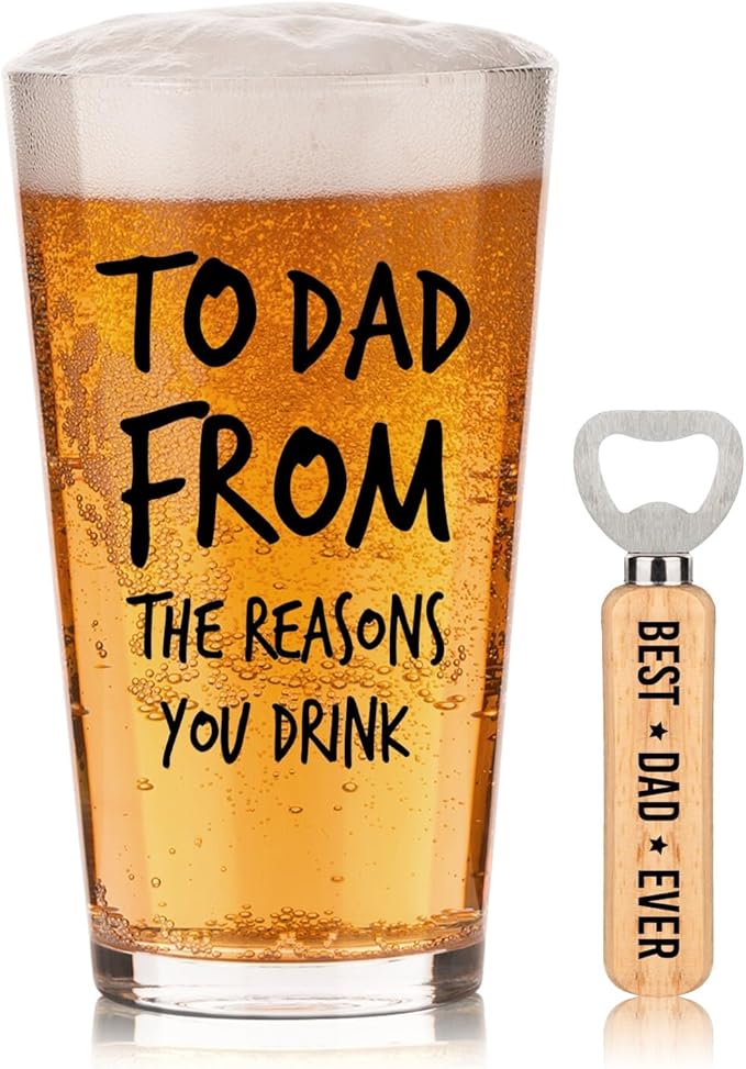 Father's Day Gifts For Dad: Funny Father's Day Beer Glass Gift Set With Wooden Bottle Opener & Greeting Card - Cool Unique Birthday Gift Idea Gifts For Dad Who Want Nothing