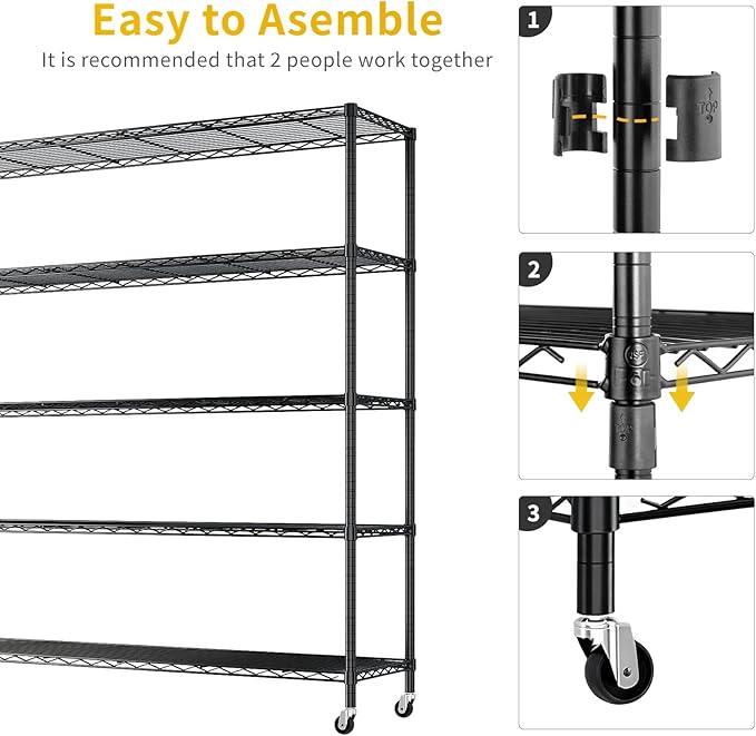Karl home 5-Tier Adjustable Metal Storage Shelves, Wire Shelving Unit with Wheels & Leveling Feet, Heavy Duty Garage Shelving, Pantry & Kitchen Display Shelf Organizer, Home Storage Rack