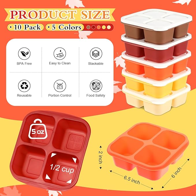 Honeydak 10 Pack Snack Container 4 Compartment Reusable Bento Snack Boxes Divided Lunchable Containers with Lids Meal Prep Lunch Food Storage Boxes for School Work Travel(Thanksgiving Color)