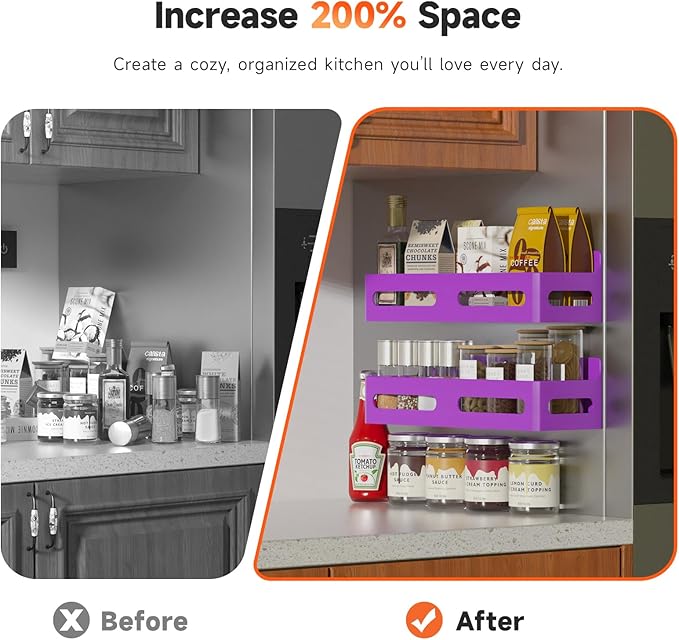 4 Pack Magnetic Spice Rack for Refrigerator, Spice Rack Organizer, Moveable Magnetic Shelf Fridge Organizer with 4 Hooks for Kitchen and Oven Organization, Purple