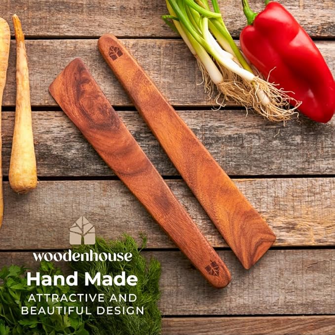 Wooden Spatula for Cooking Set of 2 – 12 Inch Teak Spatula Turner & Flipper for Cast Iron, Flat Egg & Pancake Scraper – Utensils by Woodenhouse - White Elephant Gift ideas, Kitchen Gifts for Women Men
