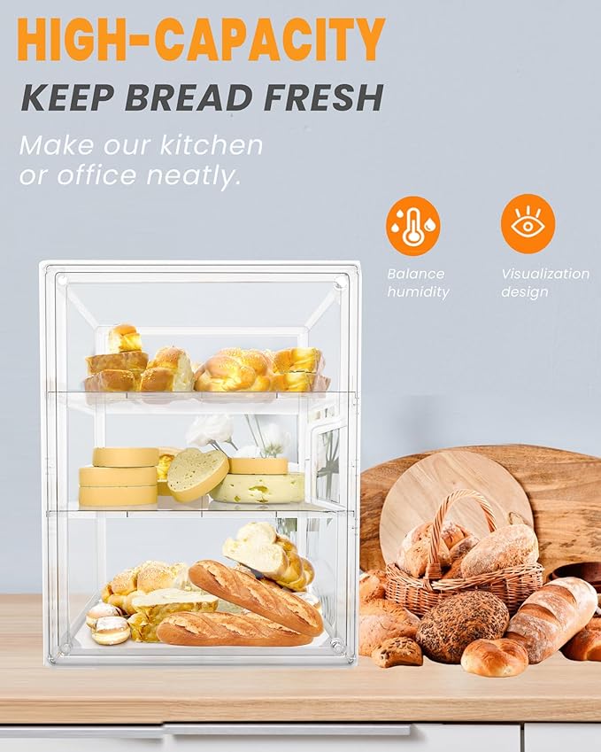 Bread Box,Large Bread Boxs for Kitchen Countertop - 4 Layers Adjustable Bread Storage Container, Clear Boxes for Kitchen Counter, Breads Box Airtight,Bread Holder,Perfect for Bagel, Muffins