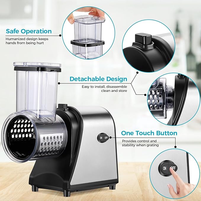 Electric Cheese Grater 250W Vegetable Slicer with 5 Different Shapes of Blades for Shredding/Slicing/Grating, Compact Automatic Cheese Shredder for Block Cheese, Carrots, Fruit, Nuts