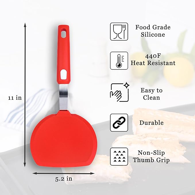 Wide Silicone Pancake Spatula – Large Heat-Resistant Turner for Cooking | Nonstick Safe | Stainless-Steel Reinforced Core & Easy-Grip Handle