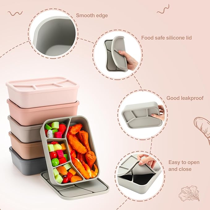 Honeydak 6 Pcs Silicone Bento Box Reusable Lunch Container 4 Compartment Snack Boxes with Lid Smooth LeakProof Rectangle Food Boxes for Adult Work Travel Food Storage(Vivid Color)
