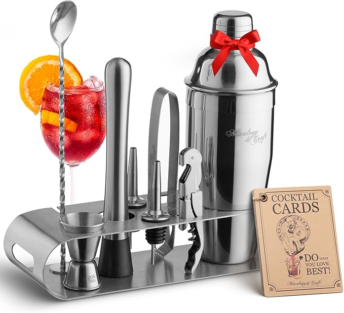 Mixology & Craft Cocktail Shaker Set - 24oz Bartender Kit with Bar Accessories, Stainless Steel Stand, Tools & Recipe Cards - Leak-Proof & Gift-Ready