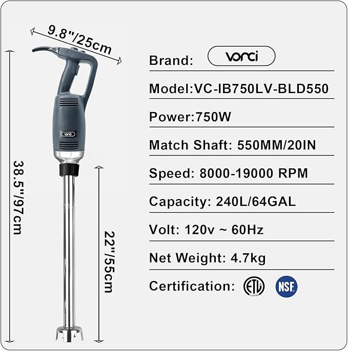 VONCI 750W Commercial Immersion Blender, Extra Heavy Duty Hand Blender with Variable Speed 8000-19000RPM, Handheld Stick Mixer with 22" SUS 304 Shaft, Commercial Emulsifier for Restaurant Kitchen.