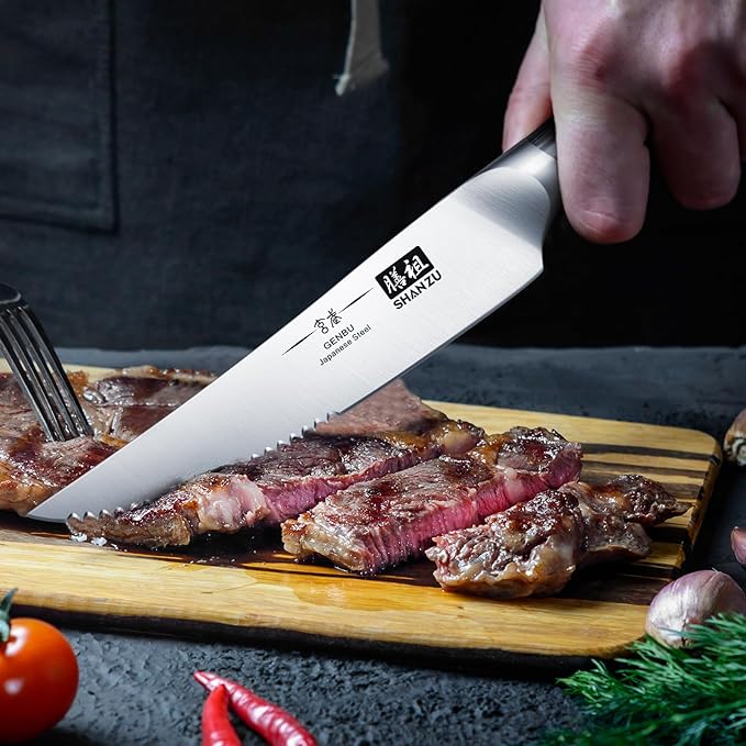 SHAN ZU 6 Pc Steak Knife Set, 4.5 Inch High Carbon Japanese Super Steel Steak Knives, Ultra Sharp Kitchen Steak Knife with K133 Ergonomic Handle, Black Tortoise Genbu Series