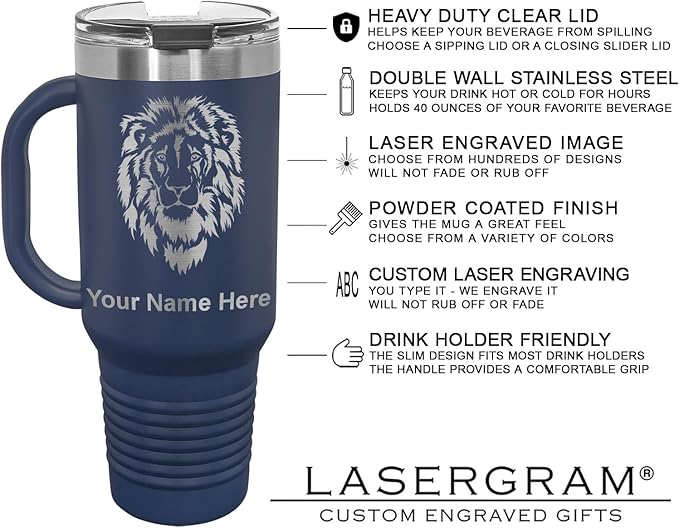 LaserGram 40oz Vacuum Insulated Travel Mug with Handle, Tiki Statue, Personalized Engraving Included (Navy Blue)