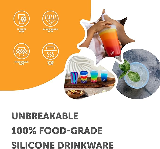 Silipint 16oz Silicone Pint Glass – Unbreakable BPA-Free Reusable Silicone Drinking Cup – Flexible Dishwasher Microwave & Freezer Safe – Stemless Glass for Water Coffee Smoothies (Americana)