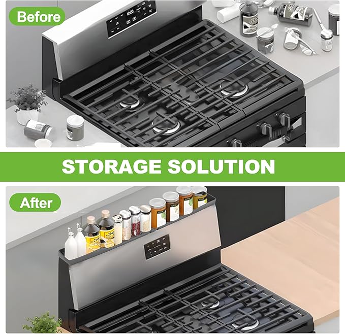 30 Inch Magnetic Stove Top Shelf | 3-Zone Kitchen Organizer with Anti-Slip & Anti-Fall Design | Heat Resistant (-40°F to 446°F) Food-Grade Silicone Spice Rack for Flat Stoves-Grey