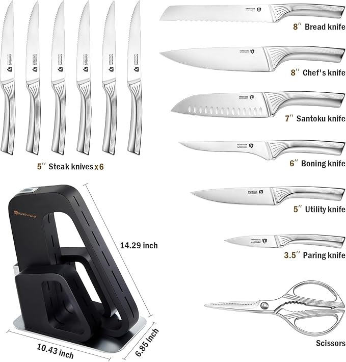 KINGSTONE 14 Pcs Kitchen Knife Set with Block, German Stainless Steel Knife Set with Built-in Sharpener, Dishwasher Safe Knife Block Set (Black, 14pcs)