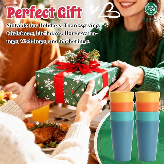 Homienly Wheat Straw Cups Plastic Cups Unbreakable Drinking Cup Reusable Dishwasher Safe Water Glasses Plastic Stackable Water Tumblers in Multi color(20 OZ 8 PCS)