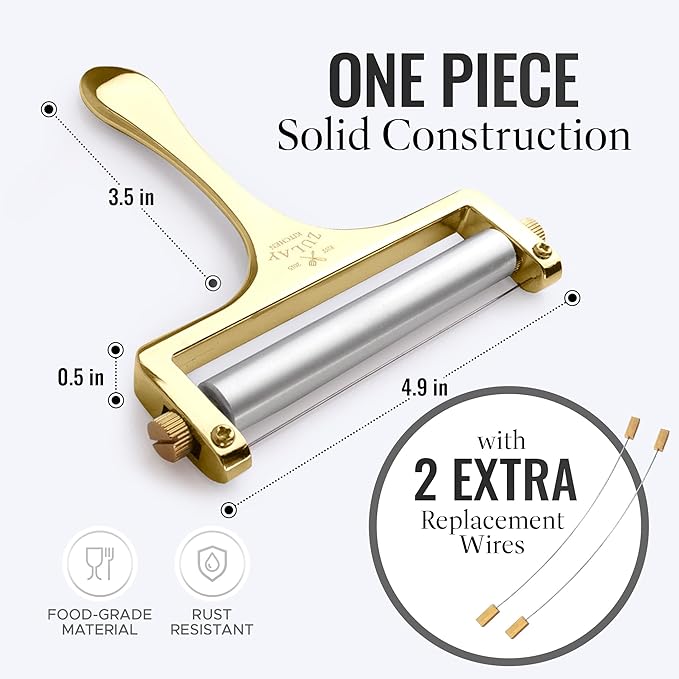 Zulay Kitchen Cheese Slicer With Adjustable Thickness – Heavy Duty Block Slicer with 2 Extra Wires – Ideal for Mozzarella, Cheddar, Gouda - Gold