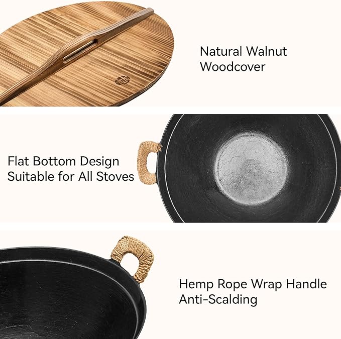 WANGYUANJI 13.4" Flat-Bottom Cast Iron Wok Pan with Lid, Dual Handles, Traditional Handcrafted Chinese Wok, Coating-Free, Not Pre-Seasoned, Works with Induction/Gas/Ceramic