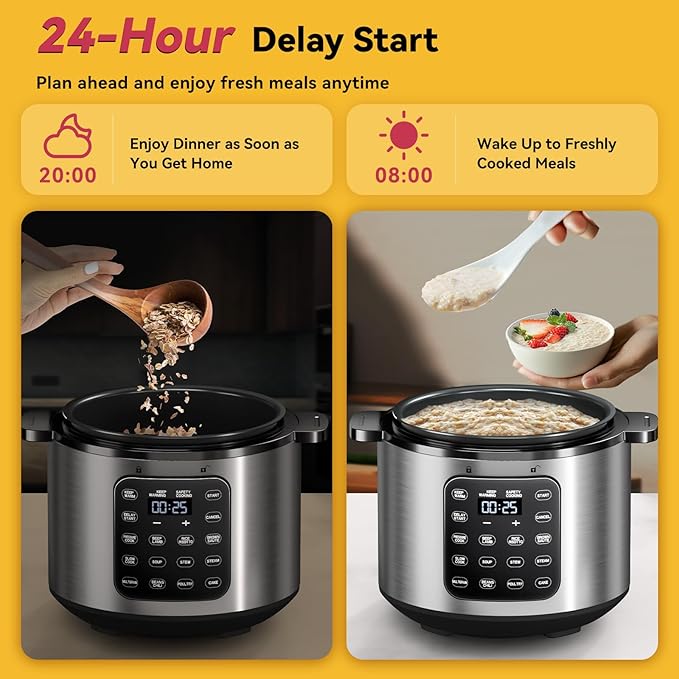 Electric Pressure Cooker 6 Quart Silver, Non-stick Pot, 9-in-1 Instant Pot, 12 Preset Functions with Touchscreen, Safe Steam Release, Stew, Slow Cook, Rice, Sauté, Warmer