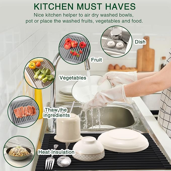 Roll Up Dish Drying Rack Over The Sink Kitchen Roll Up Sink Drying Rack Multipurpose Foldable Sin Drying Mat, Heat-Resistant, Anti-Slip & Anti-Rust Dish Rack for Kitchen, 20.5" x 13", Black