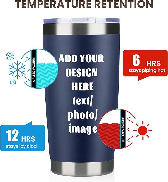 MEWAY Personalized Custom 20oz Stainless Steel Tumbler with Lid, Insulated Double Wall Vacuum Travel Coffee Tumbler Gifts with Text Photo Logo (Navy, 1pack)