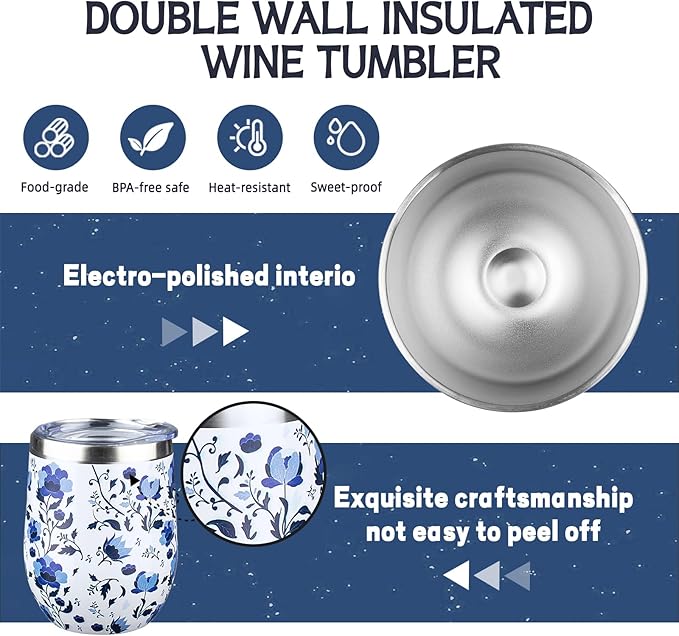 12 oz Insulated Wine Tumbler with Lid and Straw,Stainless Steel Stemless Wine Tumbler Glasses Double Wall Vacuum Wine Cups Tumbler Bulk for Coffee,Cocktail,Office（Blue and White Porcelain,1）