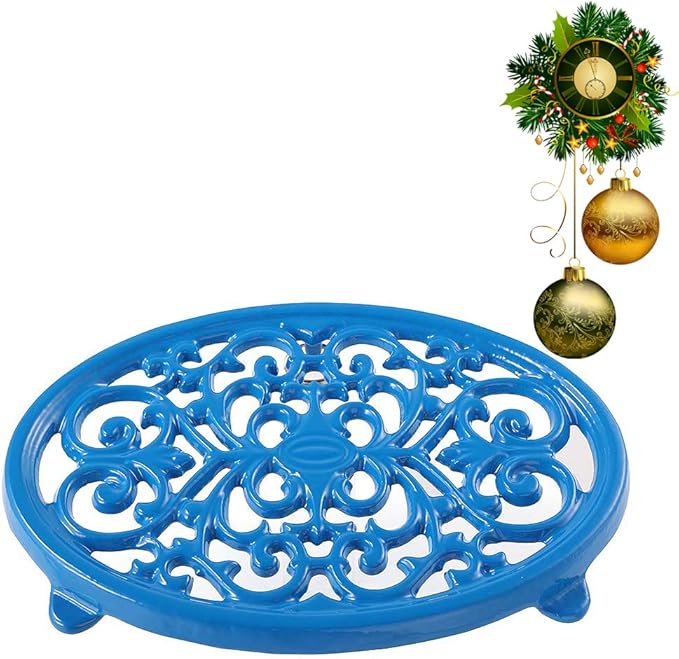JOGREFUL Cast Iron Trivet Mats, Kitchen Pot Holders to Portect Table/Countertops, Heat Resistant Mats for Teapot/Hot Dishers/Plates, Vintage Mats with Weighted-Base, Blue