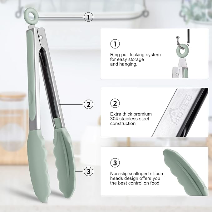 HOTEC Premium Stainless Steel Locking Kitchen Tongs with Silicon Tips, Set of 3-7", 9" and 12" (Light Green)