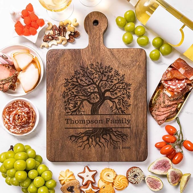 Personalized Wood Engraved Charcuterie Boards with Handle - Custom Reversible Cutting Board S M L - Customized Bridal Shower, Wedding, Anniversary and Housewarming Gifts (Tree of Life)