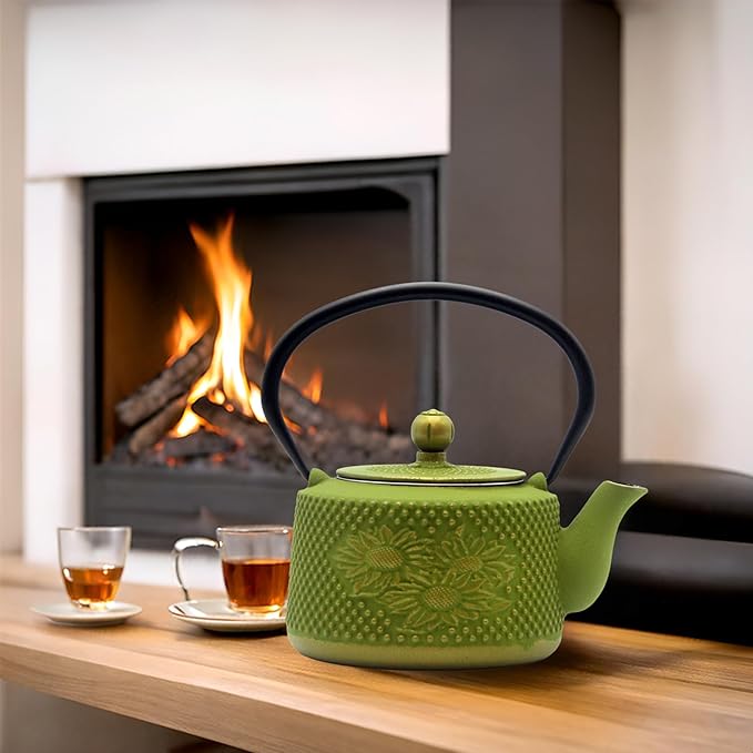 Cast Iron Teapot with Sunflower Pattern,SECHUDO Tea Kettle Coated with Enameled Interior for Loose Tea,Green Cast Iron Teapot with Stainless Steel Infuser for Stovetop Safe (28.7oz/850ml)