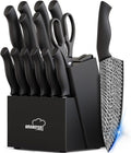 Knife Set, Amorston 15 Pieces Kitchen Knife Set with Built in Knife Sharpener, High Carbon German Stainless Steel Knife Block Set, Dishwasher Safe Knives Set, Black